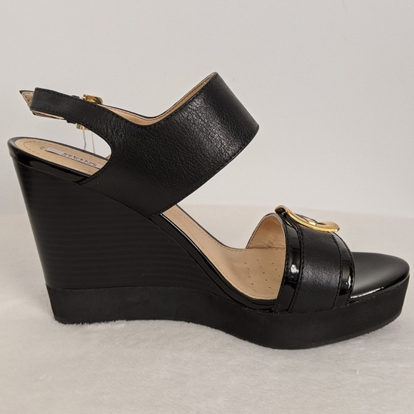 Geox Respira Sandal Leather Patent Buckle Open Toe Black Wedge 9.5 EU39.5 NWT - Picture 4 of 15